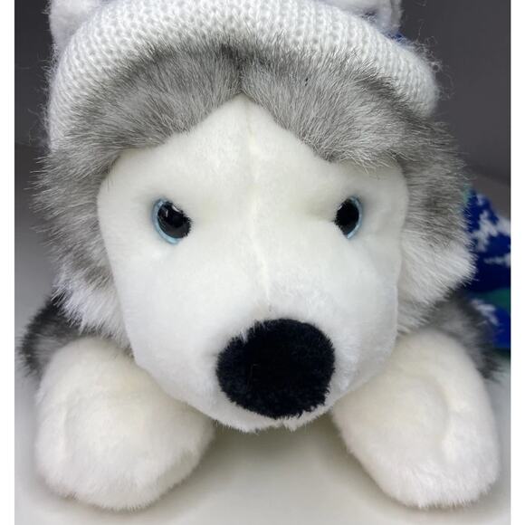 Aurora Flopsie Husky Wolf Plush 12” Blue Winter Hat Scarf Snowflake Vintage - Picture 5 of 14